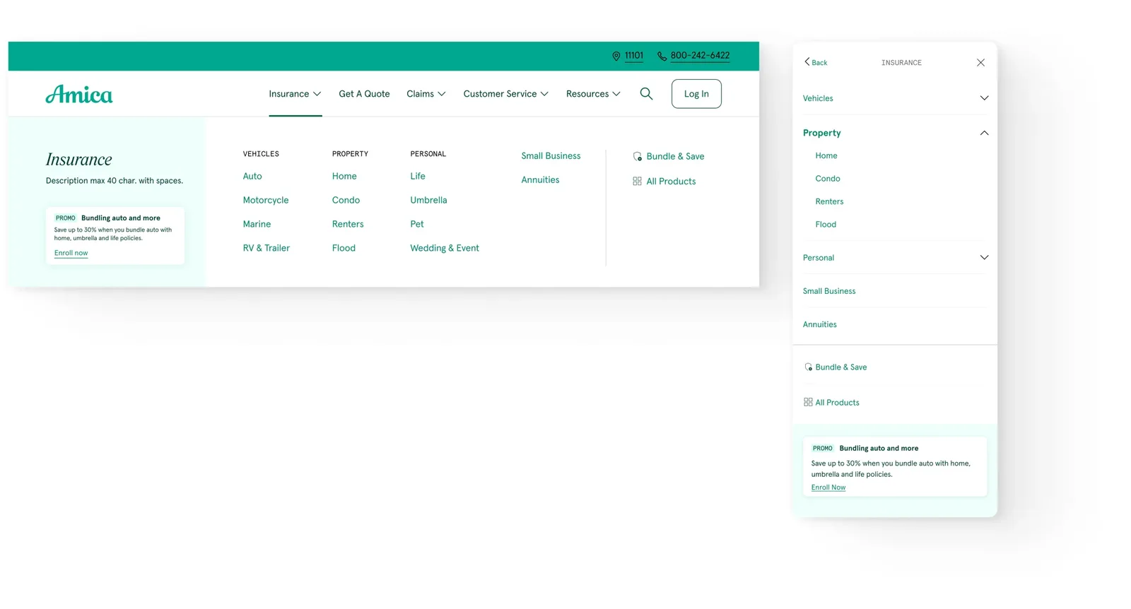 Desktop Insurance mega menu grouping products into Vehicles, Property, Personal, Small Business and Annuities, next to the mobile menu with the Property group expanded and a bundling promo.