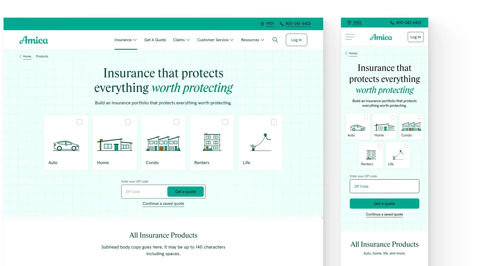 Top of the Amica All Products page on desktop and mobile: hero with product tiles for Auto, Home, Condo, Renters and Life, a ZIP code quote field, and the start of the All Insurance Products list.