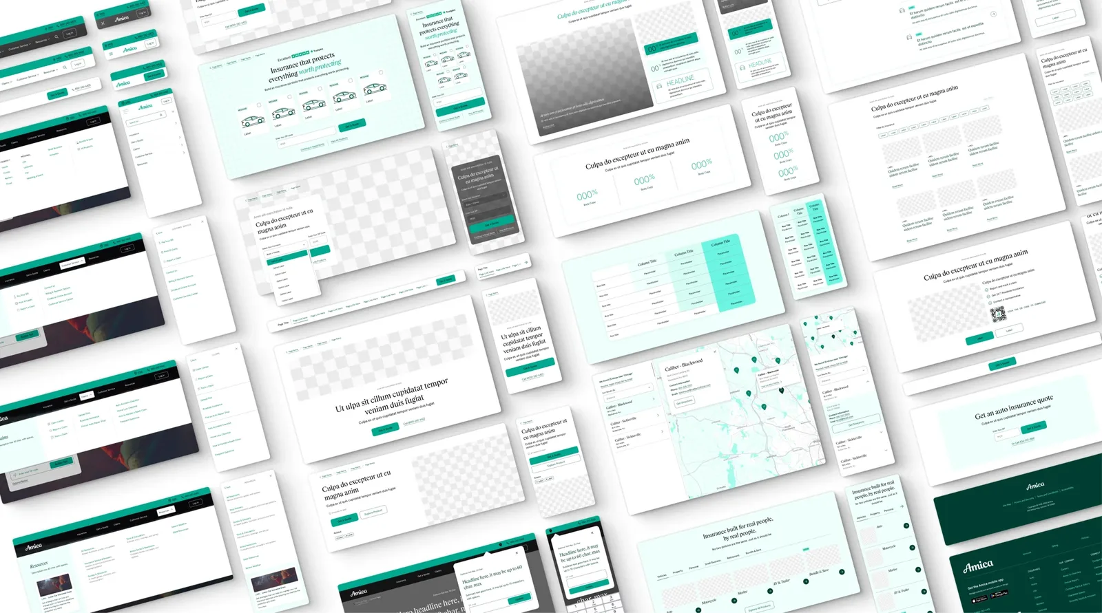 Grid of modular Amica page components in desktop and mobile layouts, including navigation, hero, stats, comparison table, map, product cards and footer.
