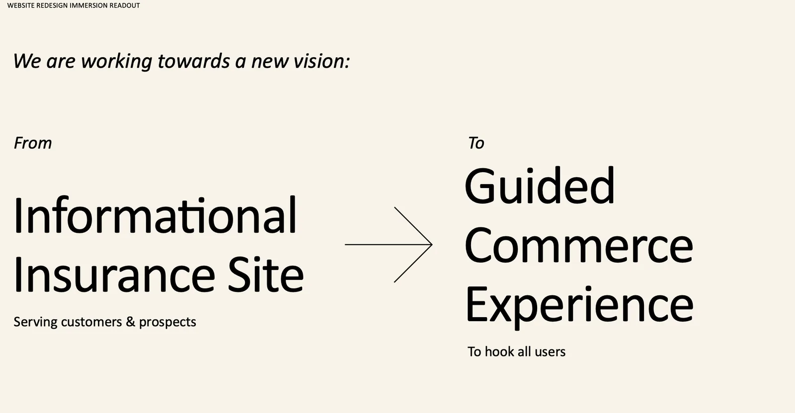 Vision slide showing the shift from an informational insurance site serving customers and prospects to a guided commerce experience that hooks all users.