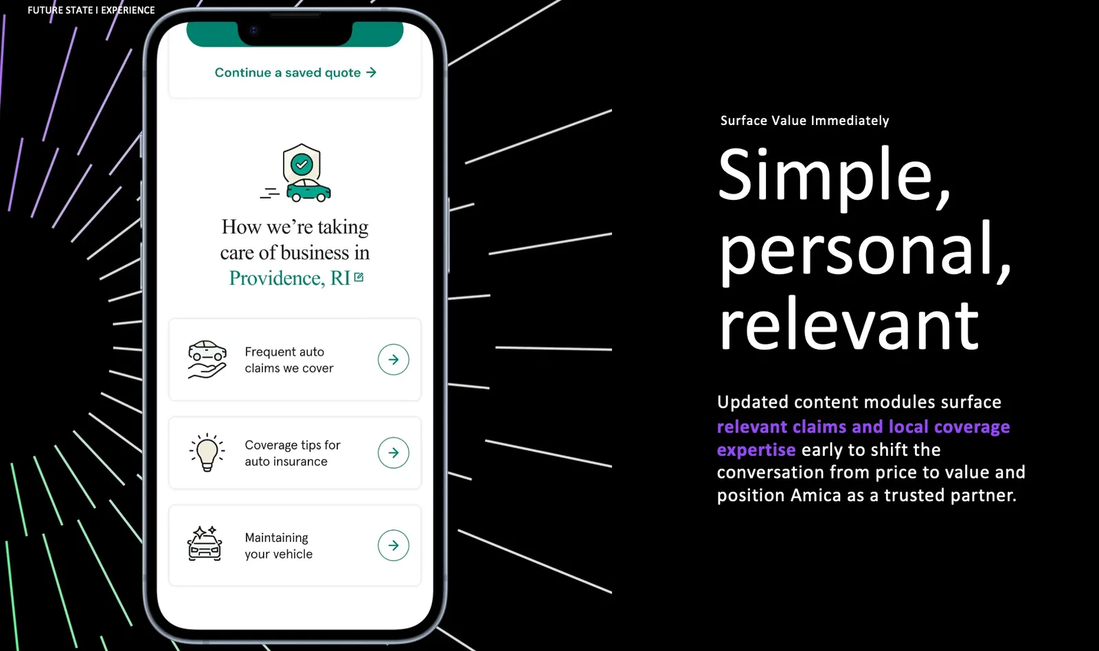 Future state slide titled Simple, personal, relevant, with a mobile screen showing local claims and coverage tip modules.