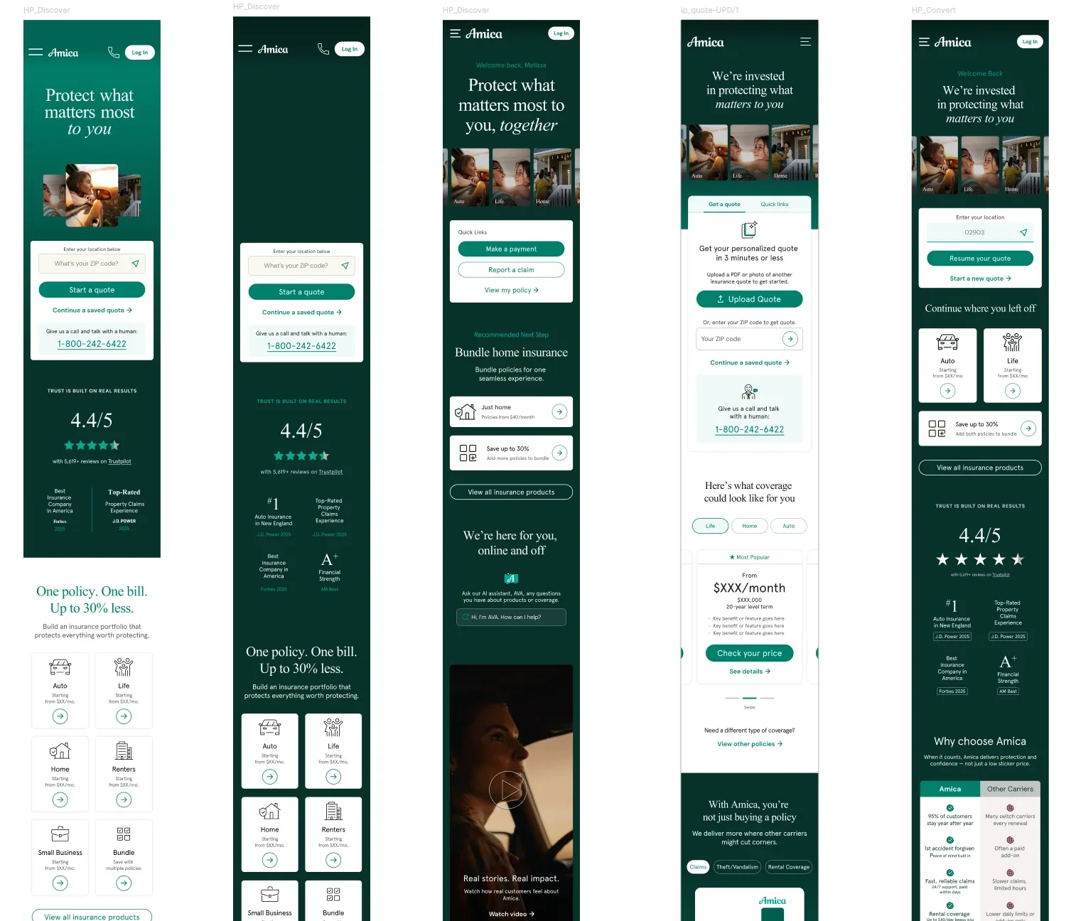 Mobile homepage in five states: first visit, discovery, returning customer with a recommended next step, quote upload, and welcome back with a resumed quote.