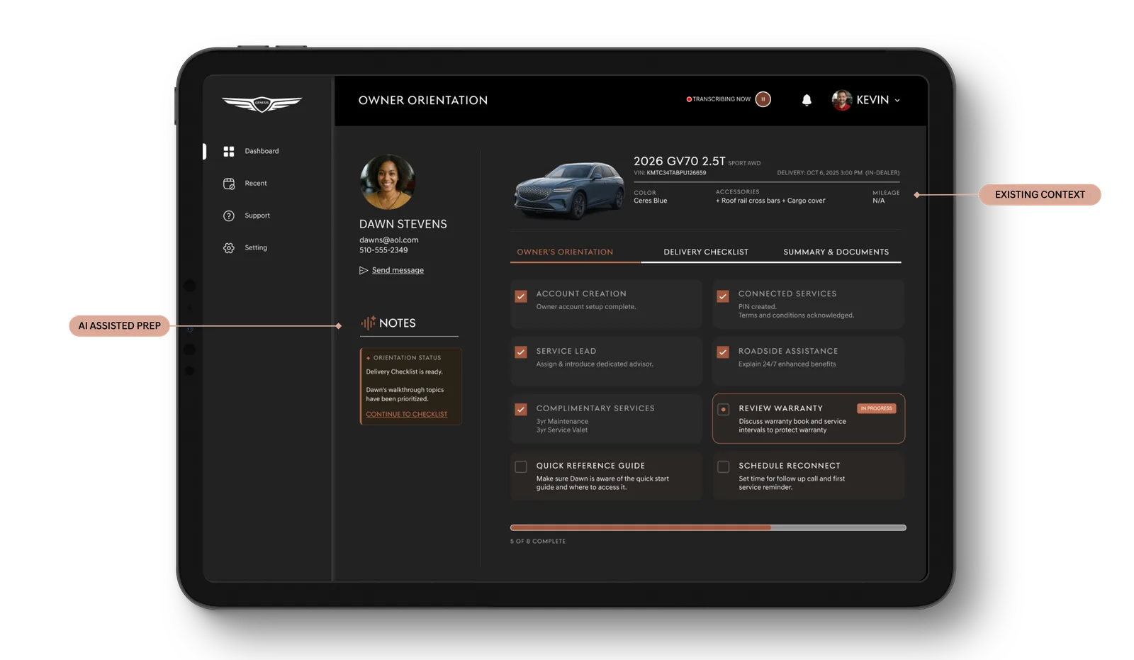 Dealer-side interface frame inside the AI-assisted delivery concept.