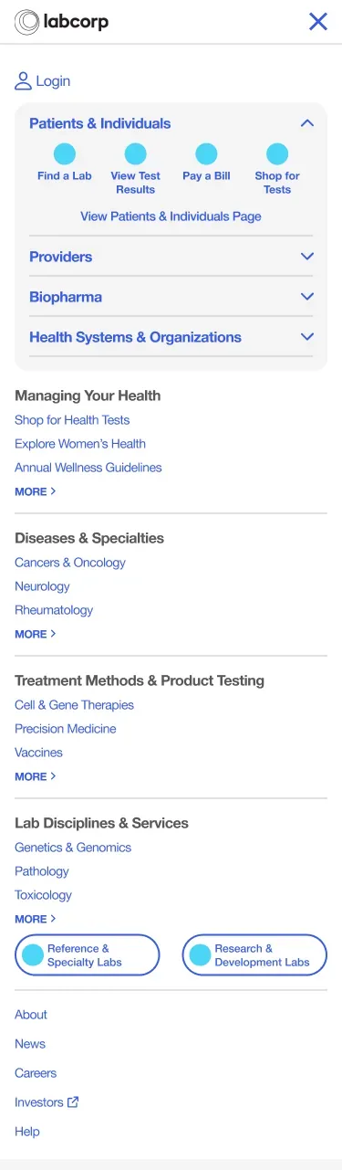 Mobile global navigation menu with Patients and Individuals expanded showing Find a Lab, View Test Results, Pay a Bill, Shop for Tests, with collapsed drawers for Providers, Biopharma, and Health Systems and Organizations.