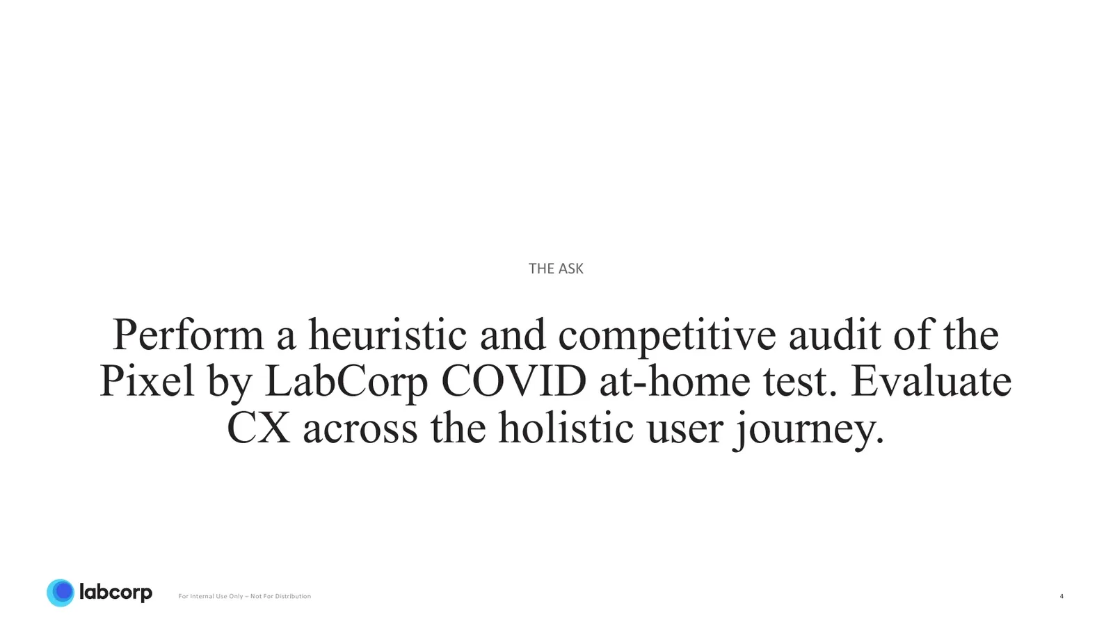 Slide titled "The Ask" with the headline Perform a heuristic and competitive audit of the Pixel by LabCorp COVID at-home test, evaluate CX across the holistic user journey.