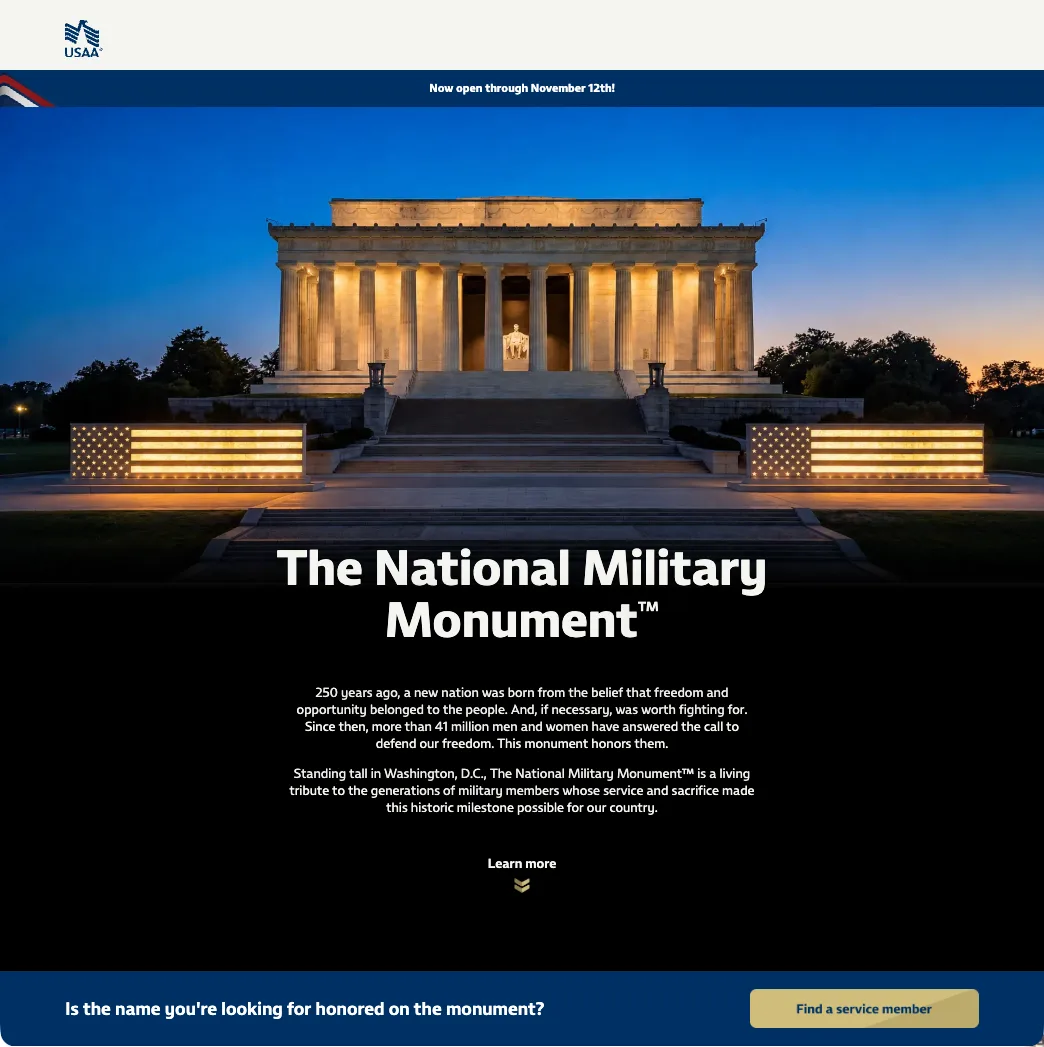 USAA National Military Monument landing page with Lincoln Memorial hero image, monument description, and Find a service member search bar