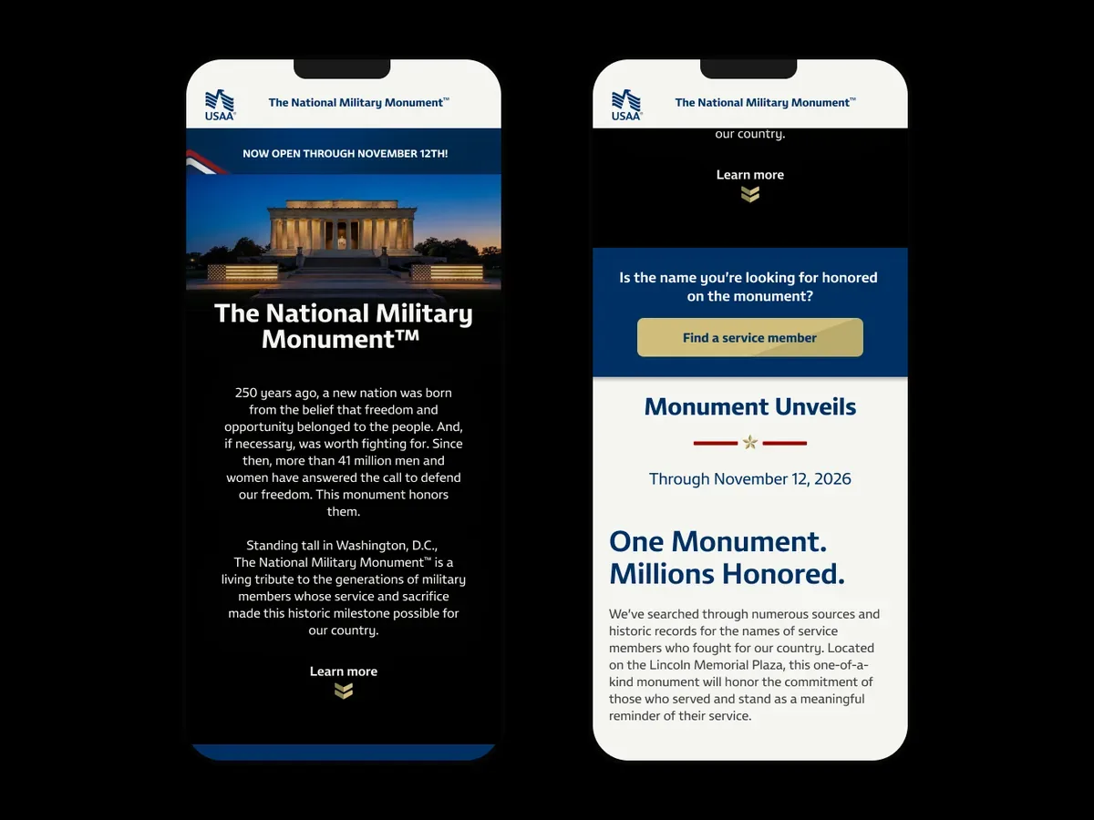 Two mobile views of the landing page, the hero with the open-through date banner, and the scrolled view with a blue "Is the name you're looking for honored on the monument?" band and a Find a service member button.