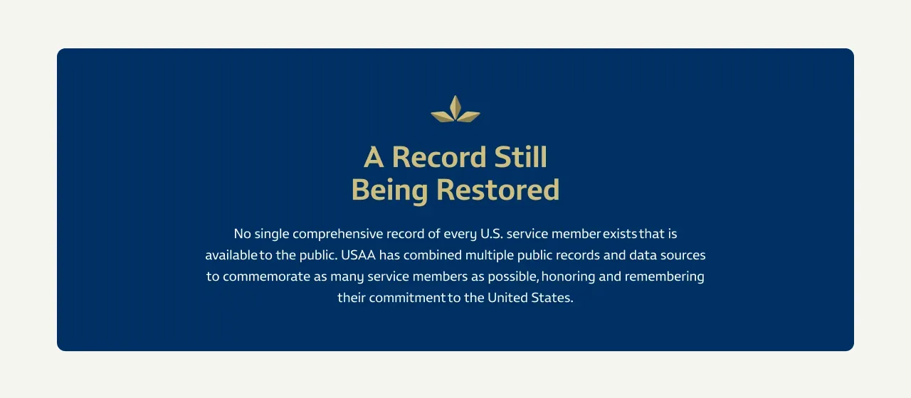 Landing page content block titled "A Record Still Being Restored" explaining that no single comprehensive record of every U.S. service member exists.