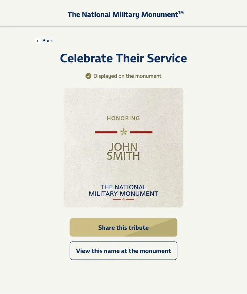 Live tribute result at monument250.usaa360.com showing the "Celebrate Their Service" headline, a "Displayed on the monument" badge, a stone-textured tribute card honoring the named service member, and two CTAs for sharing and viewing at the monument.